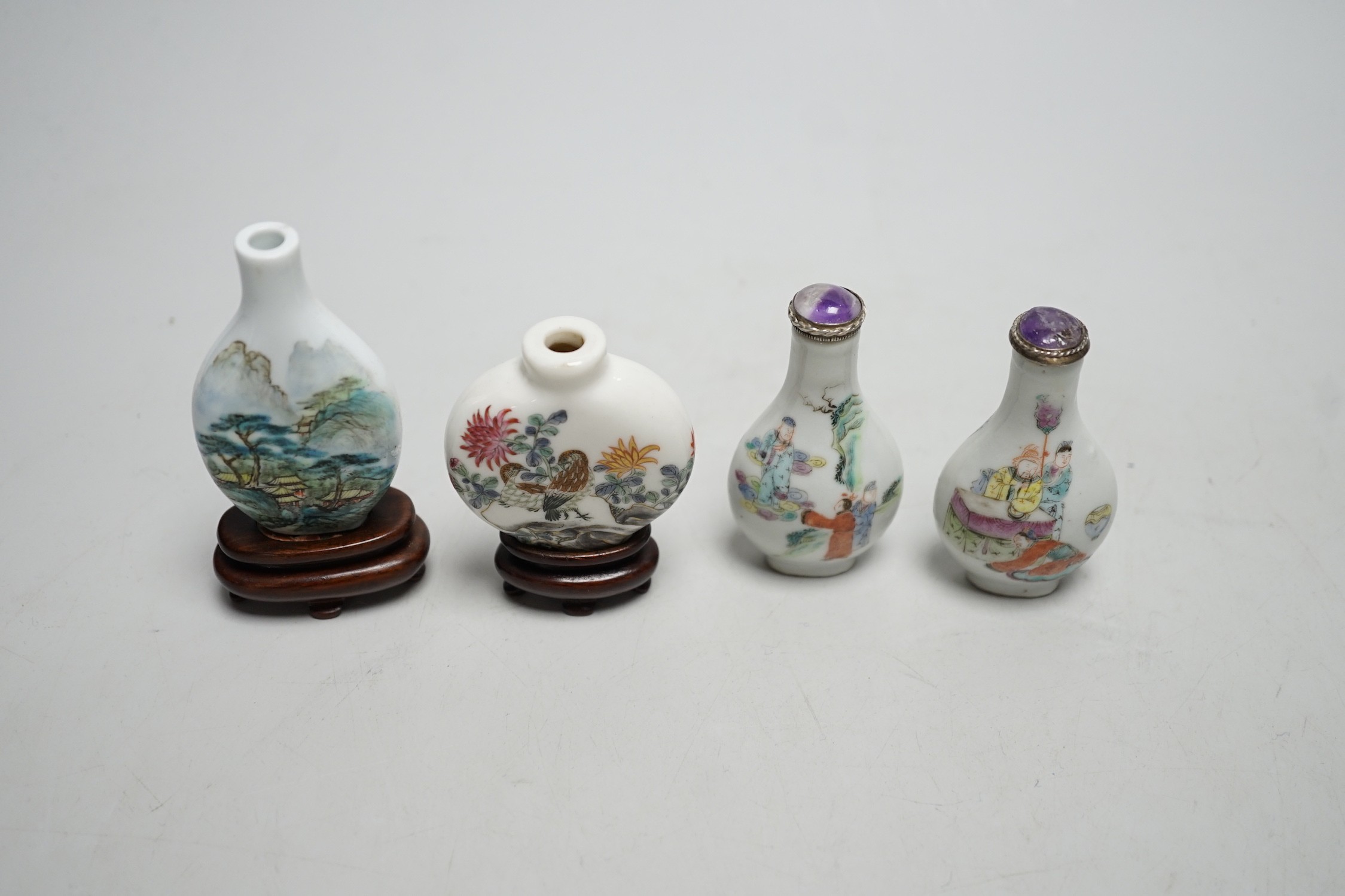 Four Chinese enamelled porcelain snuff bottles, Qing and later